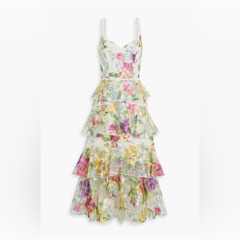MARCHESA NOTTE
Tiered embroidered tulle midi dress